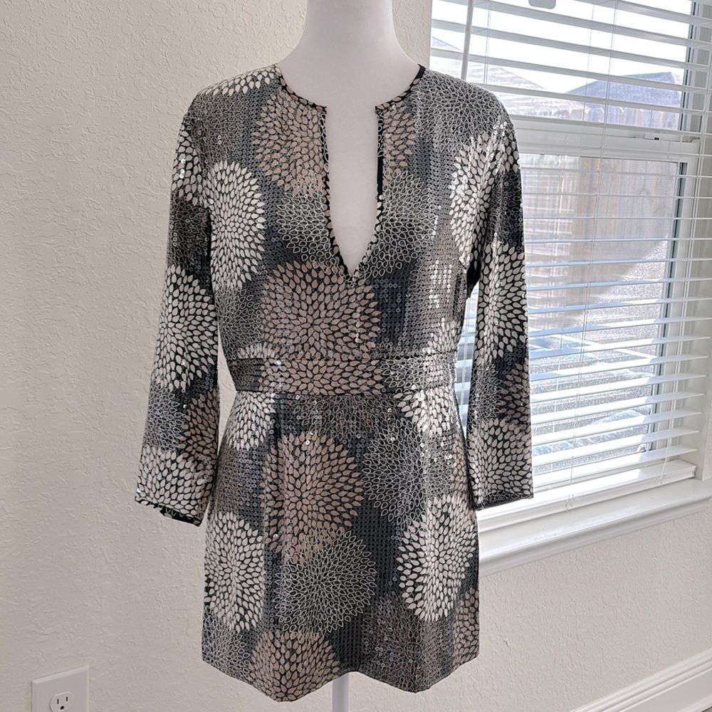 TORY BURCH 100% Silk Clear Sequins Chrysanthemum Tunic Wendy Logo Top Mini Dress